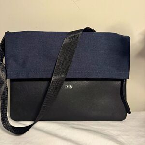 TAKEO KIKUCHI Blue/Black Canvas & Leather Men's Messenger Bag Adjustable Strap